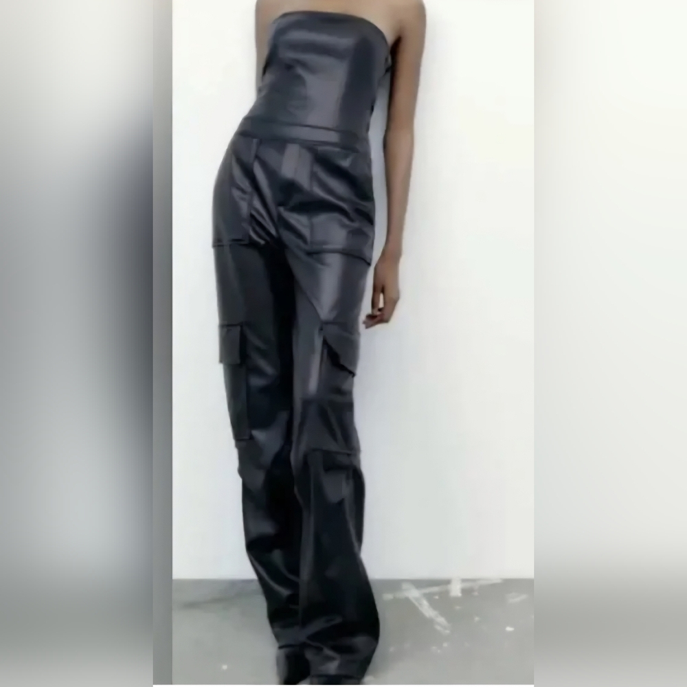 Zara Satin Black Strapless Jumpsuit
